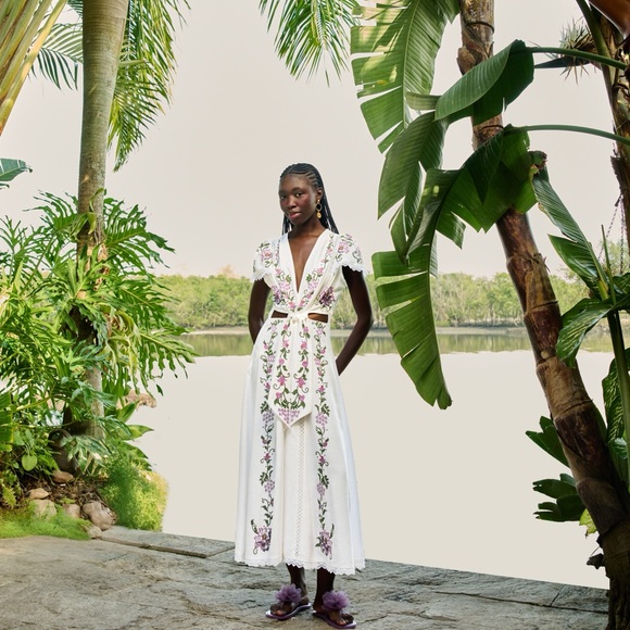 FARM Rio Brazil Handmade White Purple Floral Poetry Maxi Dress Size (P =  Small)